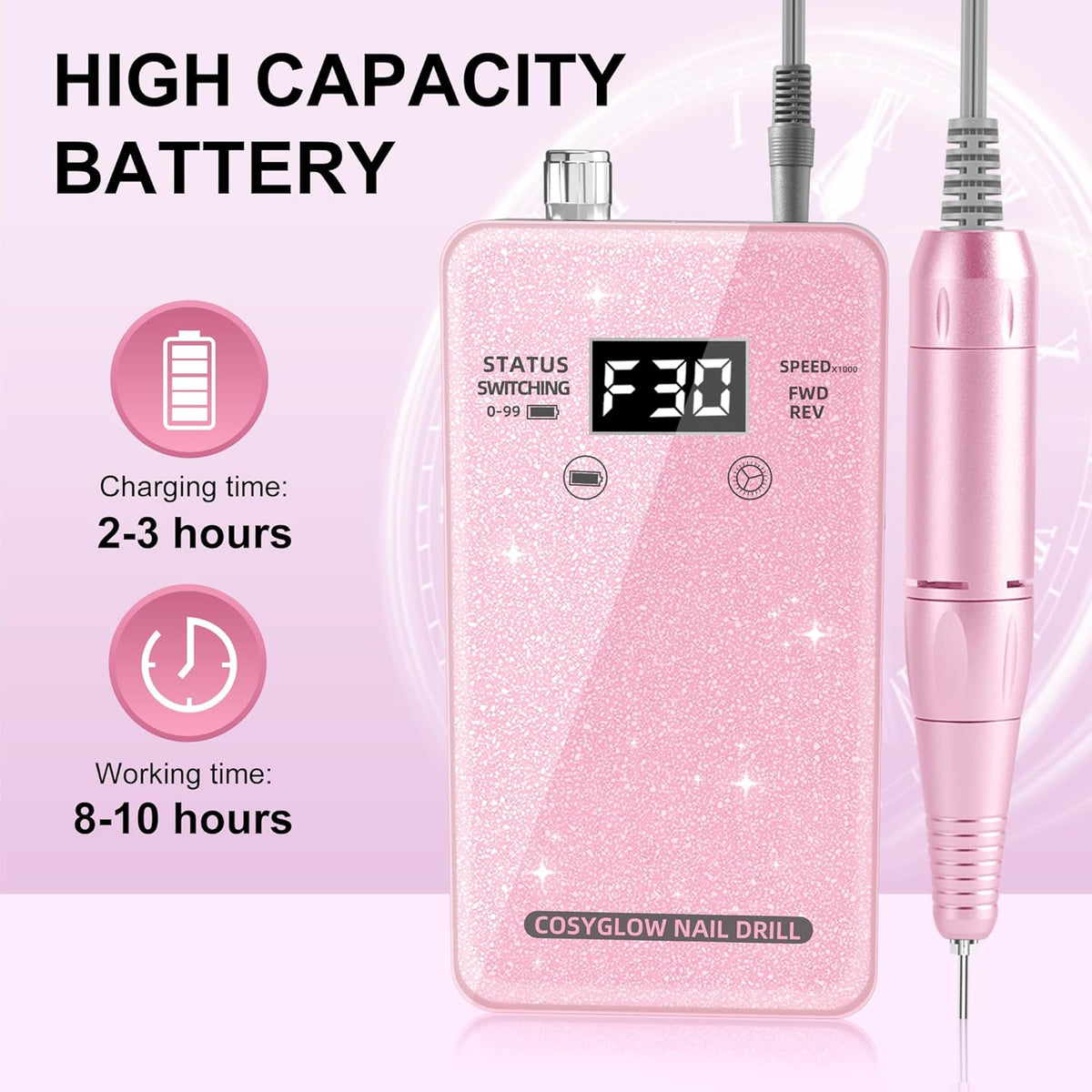 Professional Electric Nail Drill File:COSYGLOW Glitter Portable Cordless E-File Nail Drill Kit with 11 Drill Bits,30000 RPM Rechargeable Nail Drills Machine for Acrylic Nails Gel Polishing (Pink)