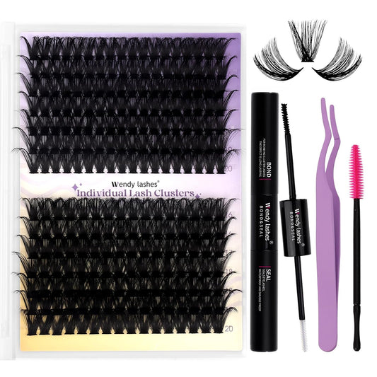 Lash Clusters Kit for Using at Home: Ultra-light, DIY, Natural, Fluffy, Wispy, Waterproof, Anime, Manga, Cat Eye, C Curl, 16-20mm, 60P+80P, Wendy, RT318