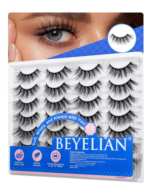 BEYELIAN 14 Pairs False Eyelashes Fluffy D Curl 10-18MM Long Wispy Lashes Pack, Soft and Lightweight 3D Volume Faux Mink Lashes, Reusable, Easy to Apply (14P-HSCS-12)