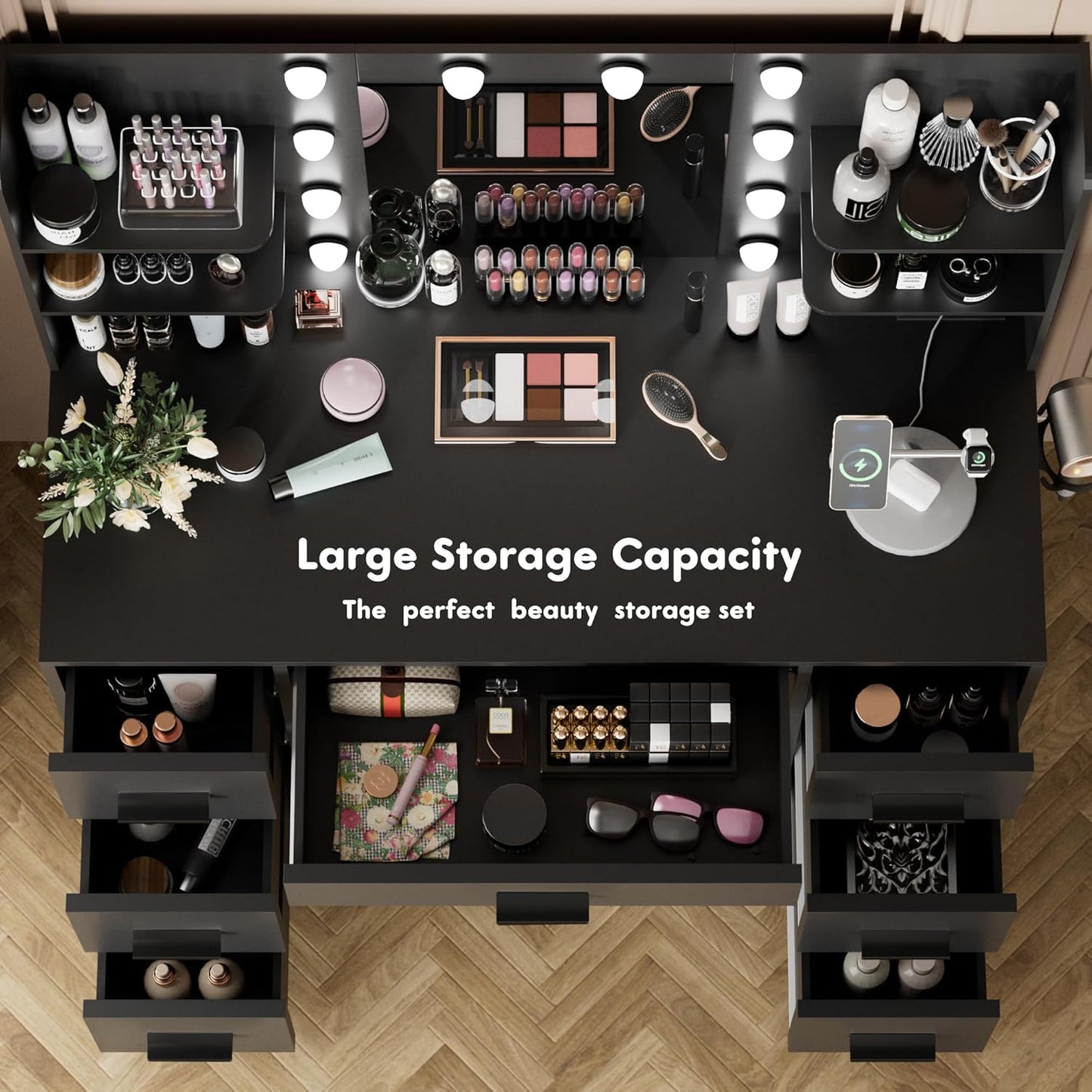 YESHOMY Vanity Desk with Mirror, Power Outlet and 10 Lights, Makeup Table with 7 Drawers, 3 Color Modes Available for Bedroom, Dark Black