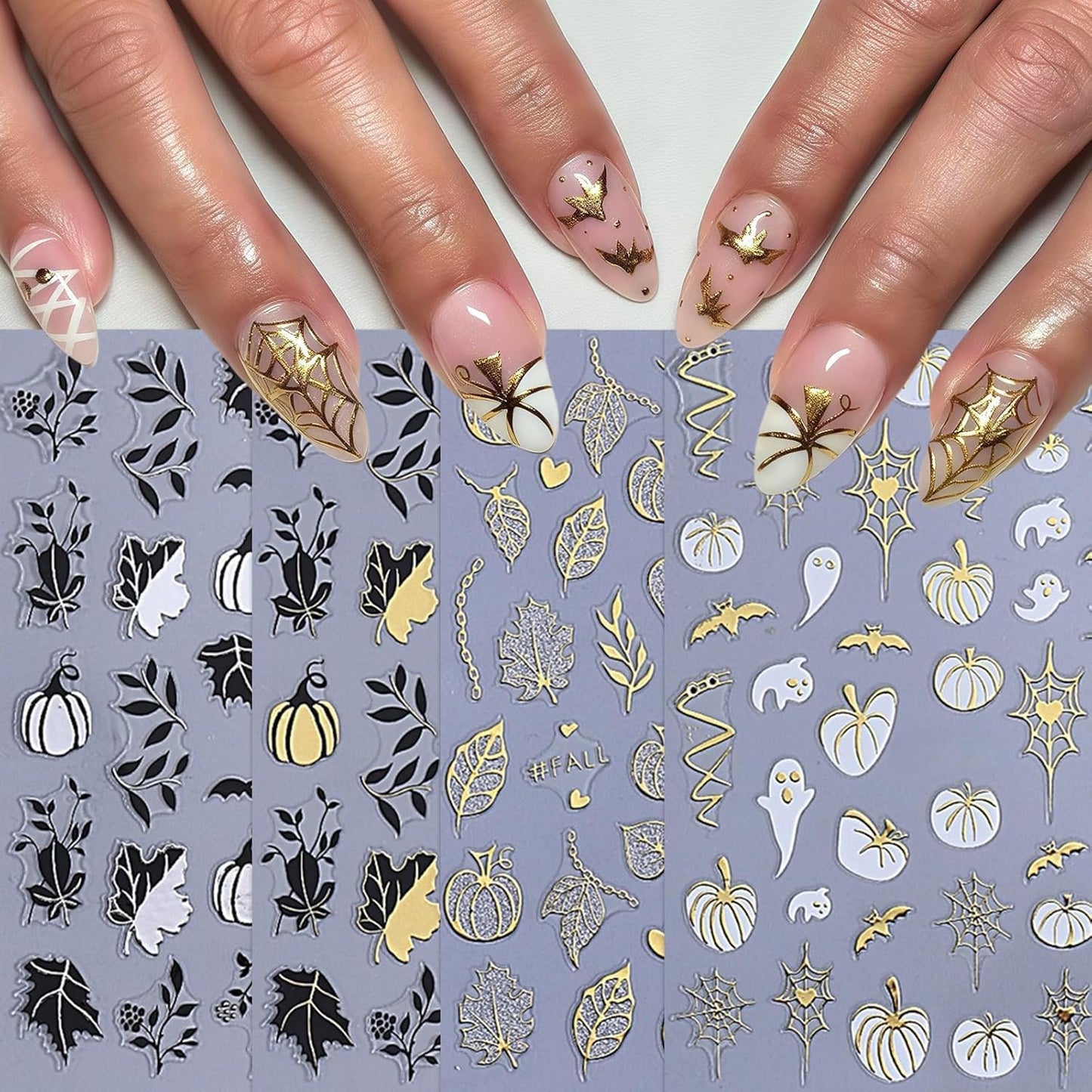 Halloween Nail Stickers Nail Decals Pumpkins Nail Decals 3D Self-Adhesive Autumn Maple Leaf Cute Ghost Pattern Design Sticker Decoration for Women DIY Holiday Party Nails Supplies 8 Sheets
