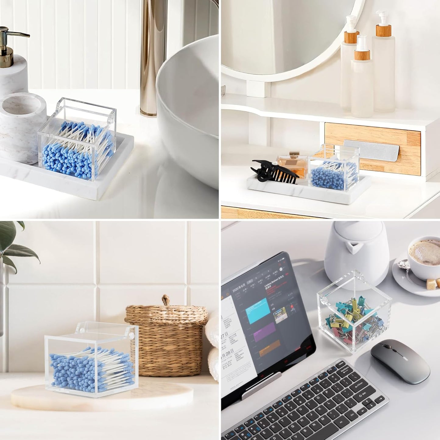 Clear Acrylic Qtip Holder With Lid Cotton Balls Swab Organizer,Square Q Tip Storage, Floss Picks, Bath Salts, Cotton Wab Holder,Home Bathroom Decor (DP011)