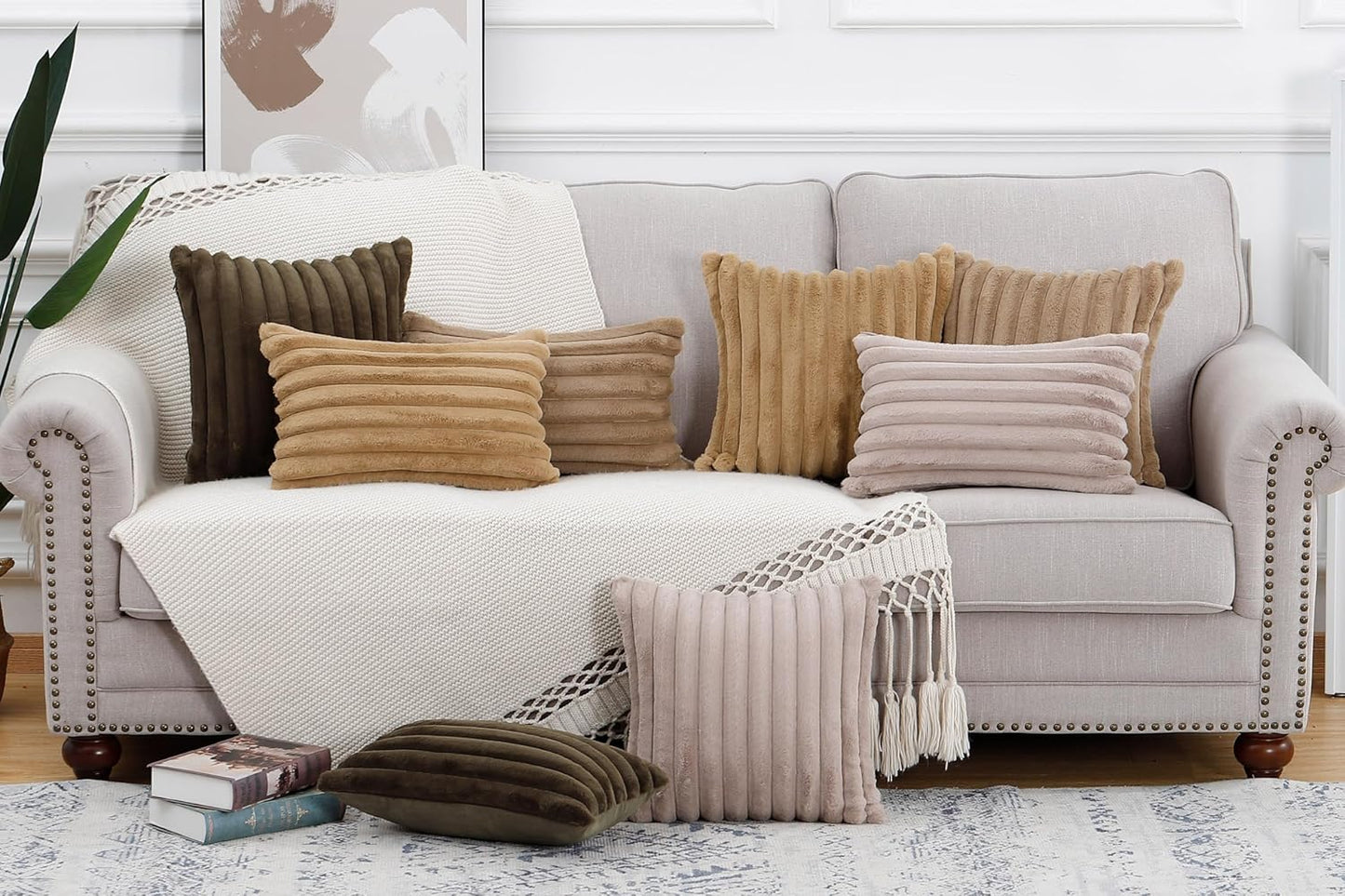 MADIZZ Set of 2 Faux Wool Plush Decorative Throw Pillow Covers 22x22 Inch Taupe Fluffy Striped Soft Decorative Cushion Cover for Sofa Bedroom Pillow Shell