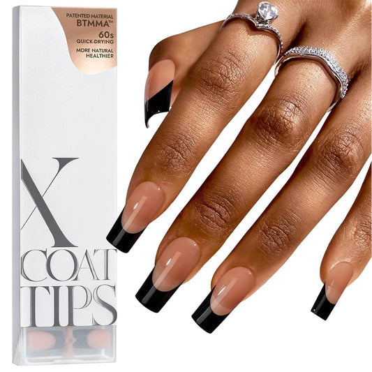 BTArtboxnails XCOATTIPS French Tip Nails - Long Press on Nails, Square Nail Tips Black, French Tip Press on Nails, Soft Gel False Nail Tips, Soak Off Acrylic Fake Nails