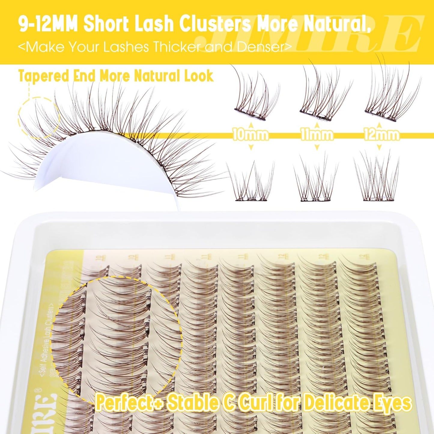 JIMIRE Brown Self-Adhesive Eyelashes - Press on Lash Clusters, Natural Look, Pre-Glued, Wispy 10-12MM Individual Lashes, Clear Band, Reusable Cluster Eyelash Extension