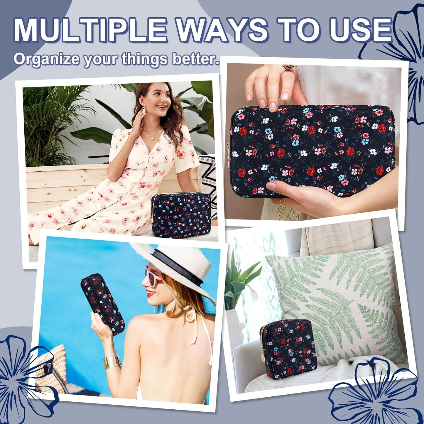 Waterproof Small Floral Makeup Bag Pouch for Purse,Nylon Flower Cosmetic Bag Preppy Travel Toiletry Storage Bag for Women Girl,Cute Makeup Organizer Bag Skincare Bag with Zipper(Small Black-Flowers)