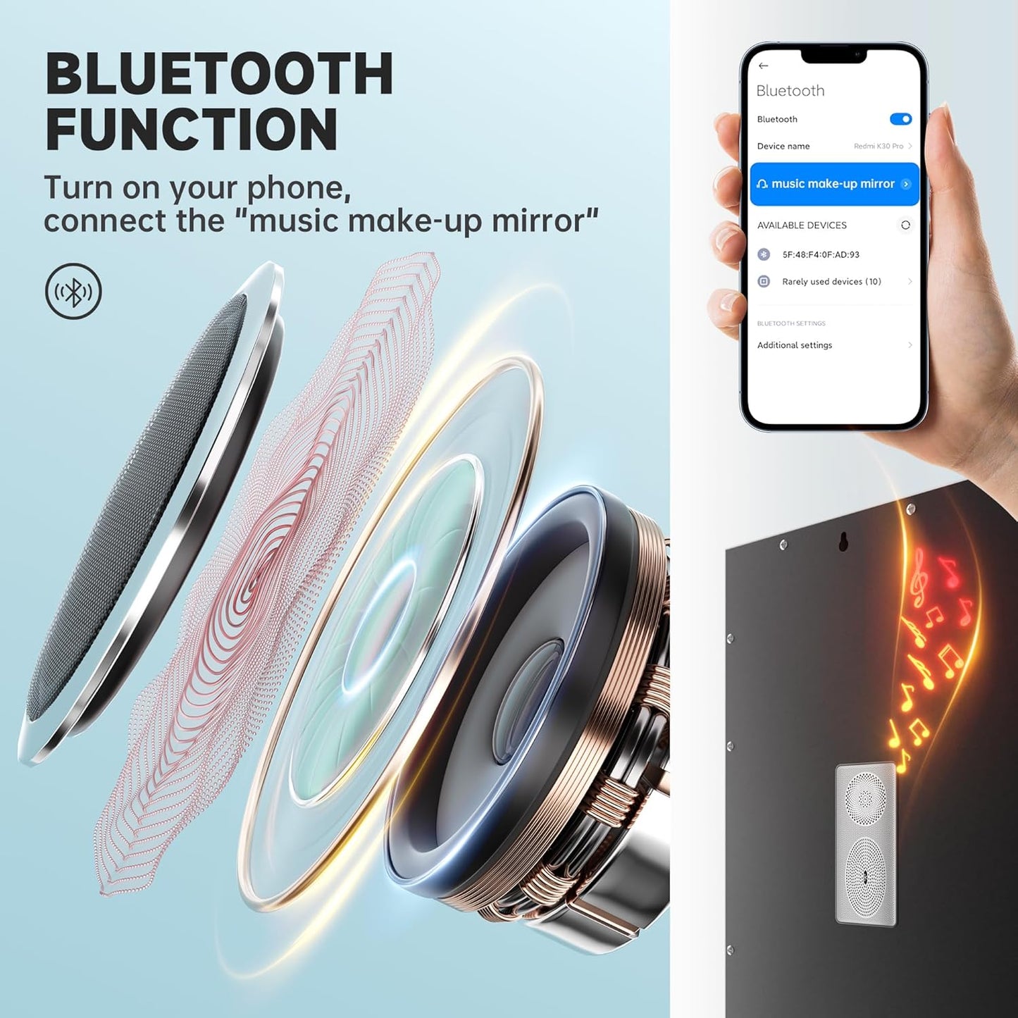 Hasipu Vanity Mirror with Lights and Bluetooth Speaker, 32" x 21.7" LED Makeup Mirror, Lighted Makeup Mirror with Dimmable 3 Modes, USB Charging Port, Round Gold