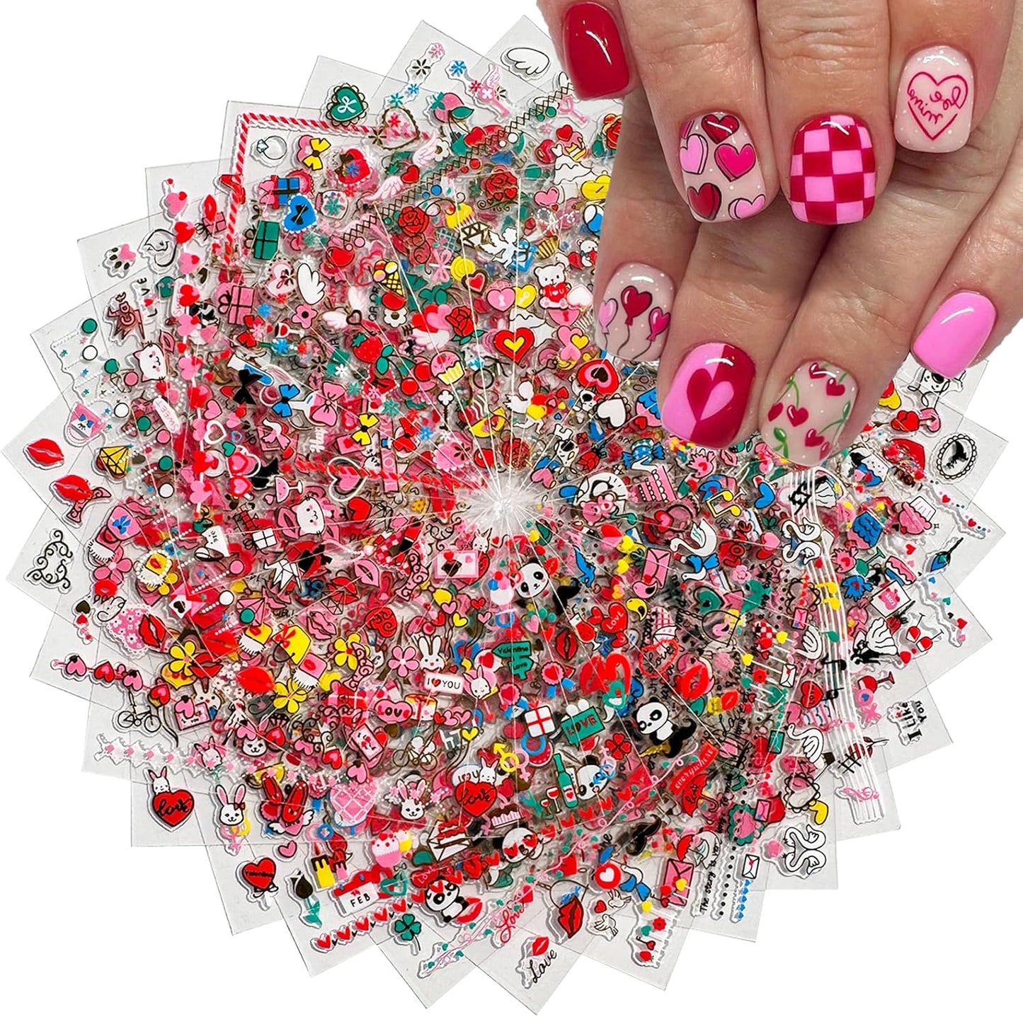 30 Sheets Heart Valentine Nail Art Stickers Decals 3D Self-Adhesive Pegatinas Uñas Red Heart Nail Decals Red Lips Rose Nail Supplies for DIY Acrylic Nail Art Decoration for Women and Girls