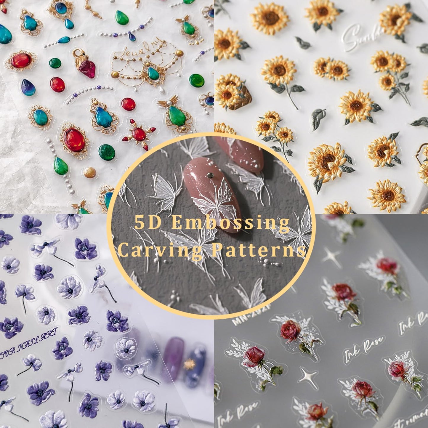 Flower Nail Art Stickers 5D Embossed Sunflower Nail Stickers for Nail Art Self-Adhesive Summer Nail Design Stickers Nail Supplies DIY Nail Decals 1 Sheet (1, Sunflower)