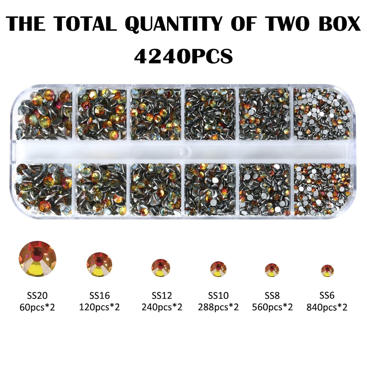 4240Pcs Red Flame Flatback Rhinestones 6 Sizes Crystal Diamonds for Nail Art Crafts Clothes Shoes with Tweezers and Picking Pen