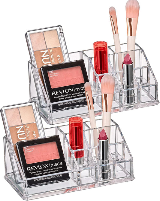 Amazing Abby - Tiffany - 2-Pack Acrylic Cosmetic Organizer, Transparent Plastic Makeup Holder, Compartmented, Shatter-Proof, Perfect Bathroom Vanity Storage Solution for Beauty Supply, Small