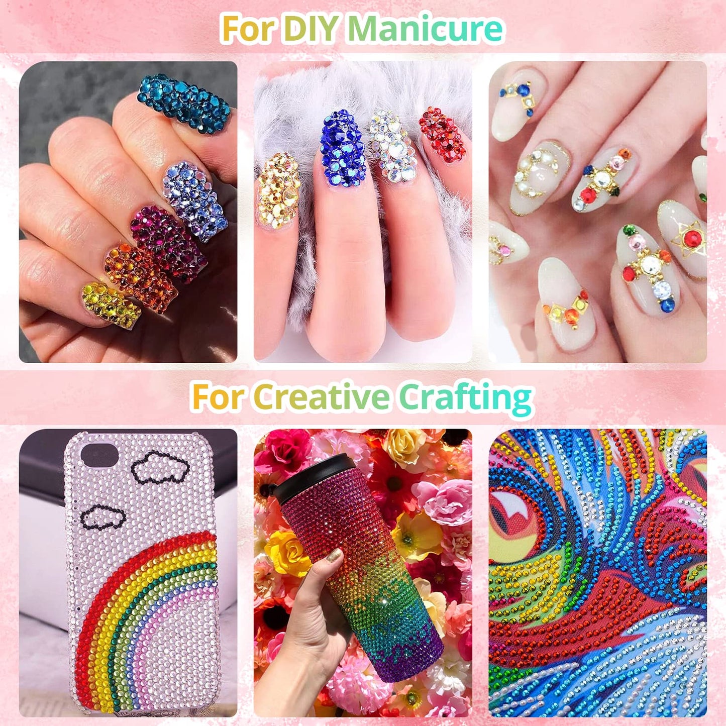 Round Flatback Face Gems Kit (Colorful) for Makeup with Quick Dry Glue + Brush + Tweezer, Nail Art Rhinestones Mixed Color Iridescent Chameleon Glass Crystal Beads for Make-up Deco