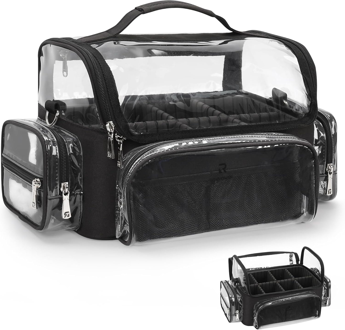 Makeup Brush Bag, Makeup Brush Case for Makeup Artist with Plastic Dividers Washable, Portable Travel Makeup Train Case with Clear Waterproof Cover for Easy to Clean and Find with Adjustable Strap