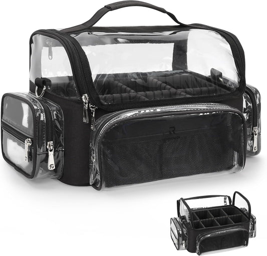 Makeup Brush Bag, Makeup Brush Case for Makeup Artist with Plastic Dividers Washable, Portable Travel Makeup Train Case with Clear Waterproof Cover for Easy to Clean and Find with Adjustable Strap