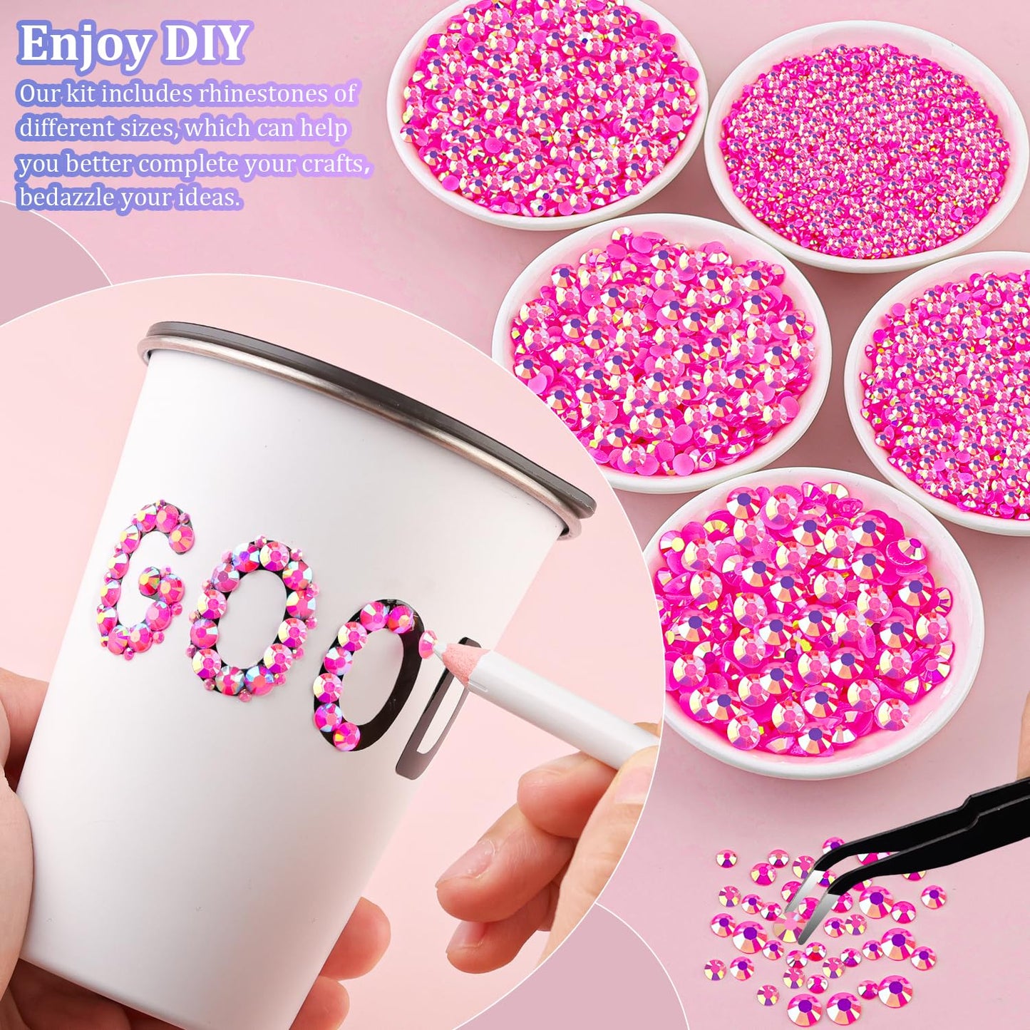 30000Pcs Resin Rhinestones for Bedazzling with Tweezers, Hot Pink AB Rhinestones for Crafting with B7000 Jewelry Glue for DIY Crafts Clothing Tumblers Shoes Fabric Nail Art