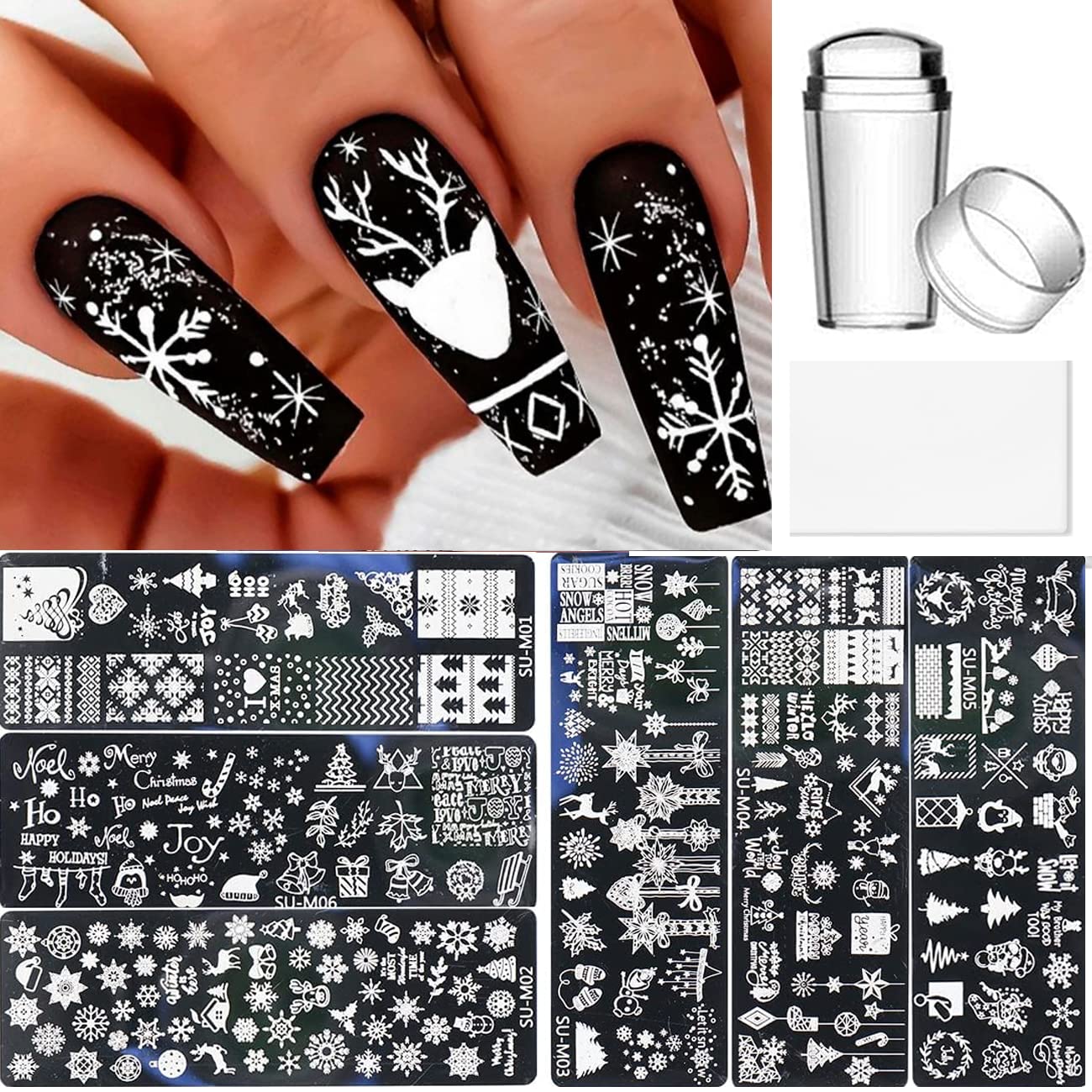 6 Pcs Xmas Christmas Snowflake Nail Stamper Kit with 1 Stamper 1 Scraper, DIY Nail Art Stencil Plates Set