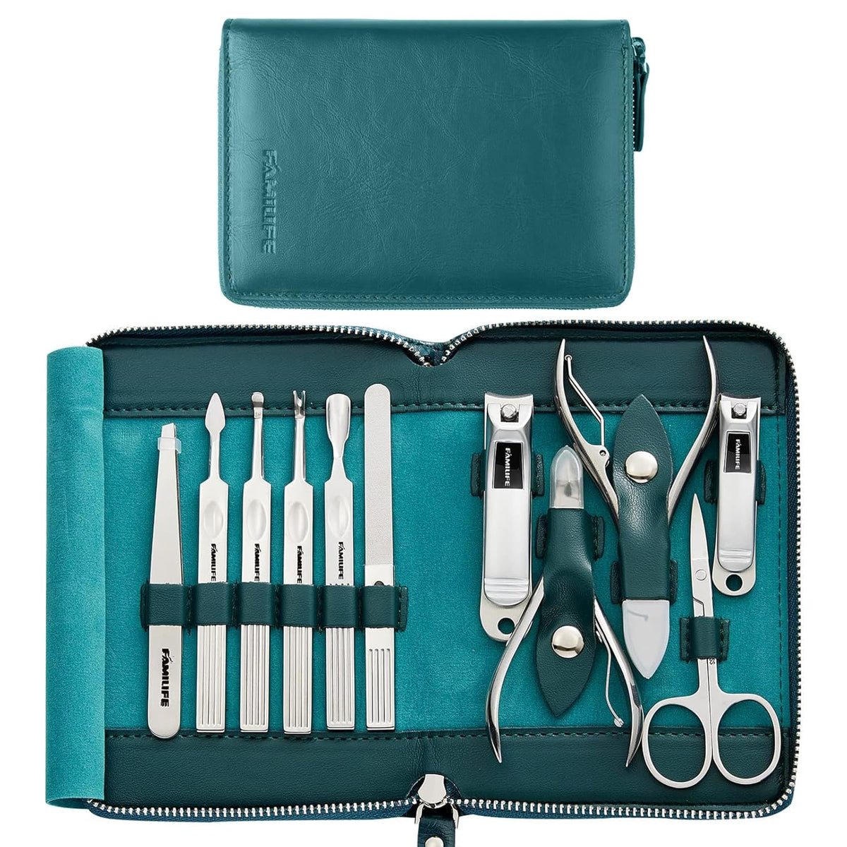 FAMILIFE Nail Kit, Professional Manicure Set Manicure Kit, 11 in 1 Stainless Steel Nail Clippers Set Pedicure Tools, Men Grooming Tool with Portable Blue Leather Travel Case Luxury Gifts for Him