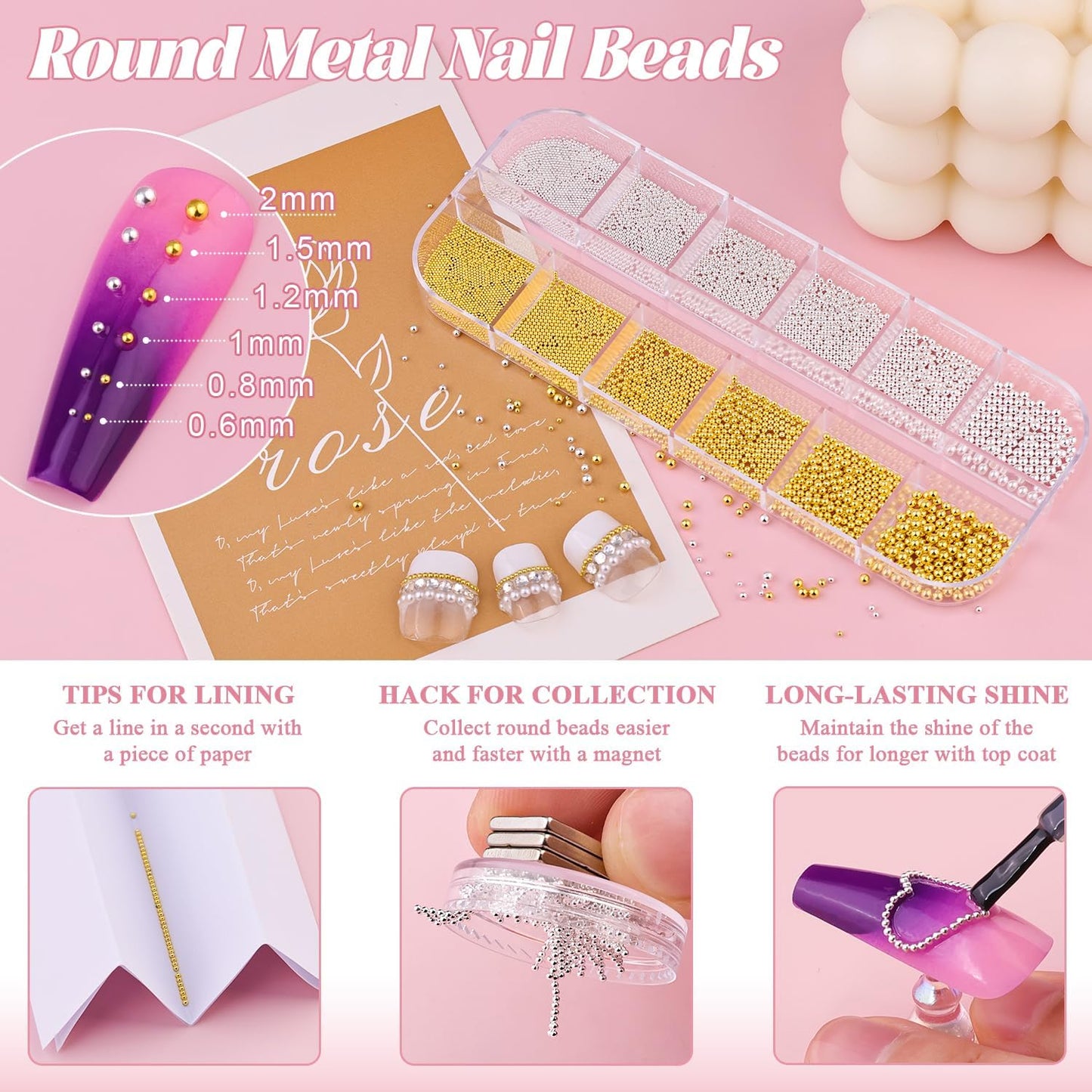 2 Boxes Flatback Pearls (White+Beige) and Silver+Gold Nail Beads for Nail Art with Rhinestone Glue Gel, Pearl Nail Charms and Gems and Small Round Caviar Beads for Acrylic Nail Tips Manicure