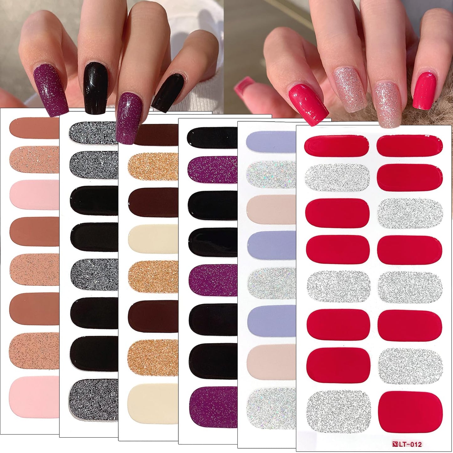 6Sheets Glitter Nail Polish Strips Self Adhesive Multicolored Gel Nail Wraps Solid Color Nail Strips For Women DIY Manicure Tips - Black Pink