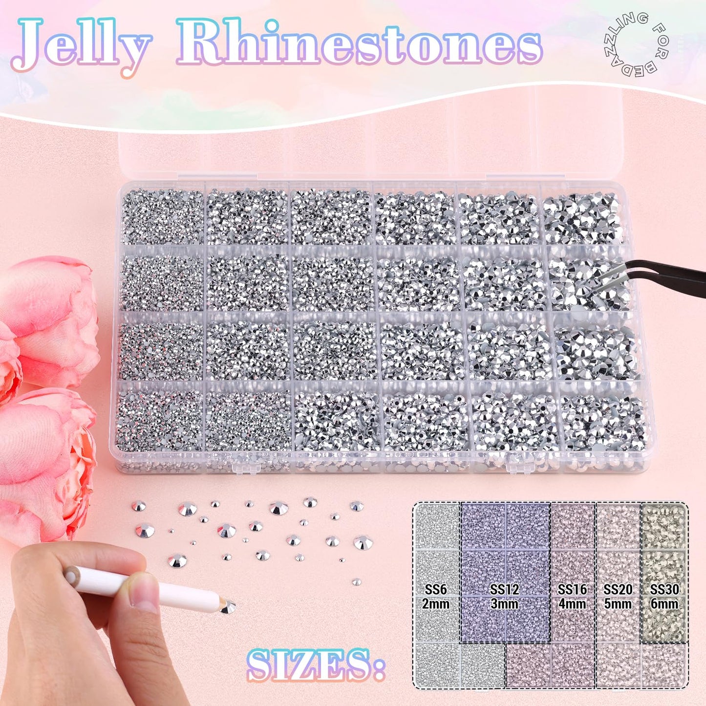 25000Pcs Resin Rhinestones with Tweezers for Crafting, 2-6mm Mixed Sizes (Silver) Non Hotfix Flatback Gems, Bedazzling Crystal for DIY Crafts Clothing Tumblers Mugs Shoes Decor Nail Art