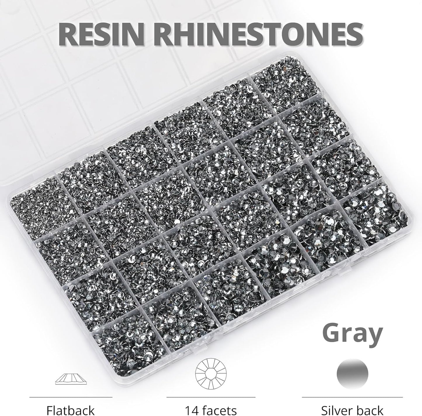 30000Pcs Resin Rhinestones Set for Crafting Bedazzling, Grey Flatback Gems Jewels for Crafts Clothes Shoes Fabric Outfit Nails Makeup, Gray Flat Back Crystal 2-6mm with b 7000 Glue