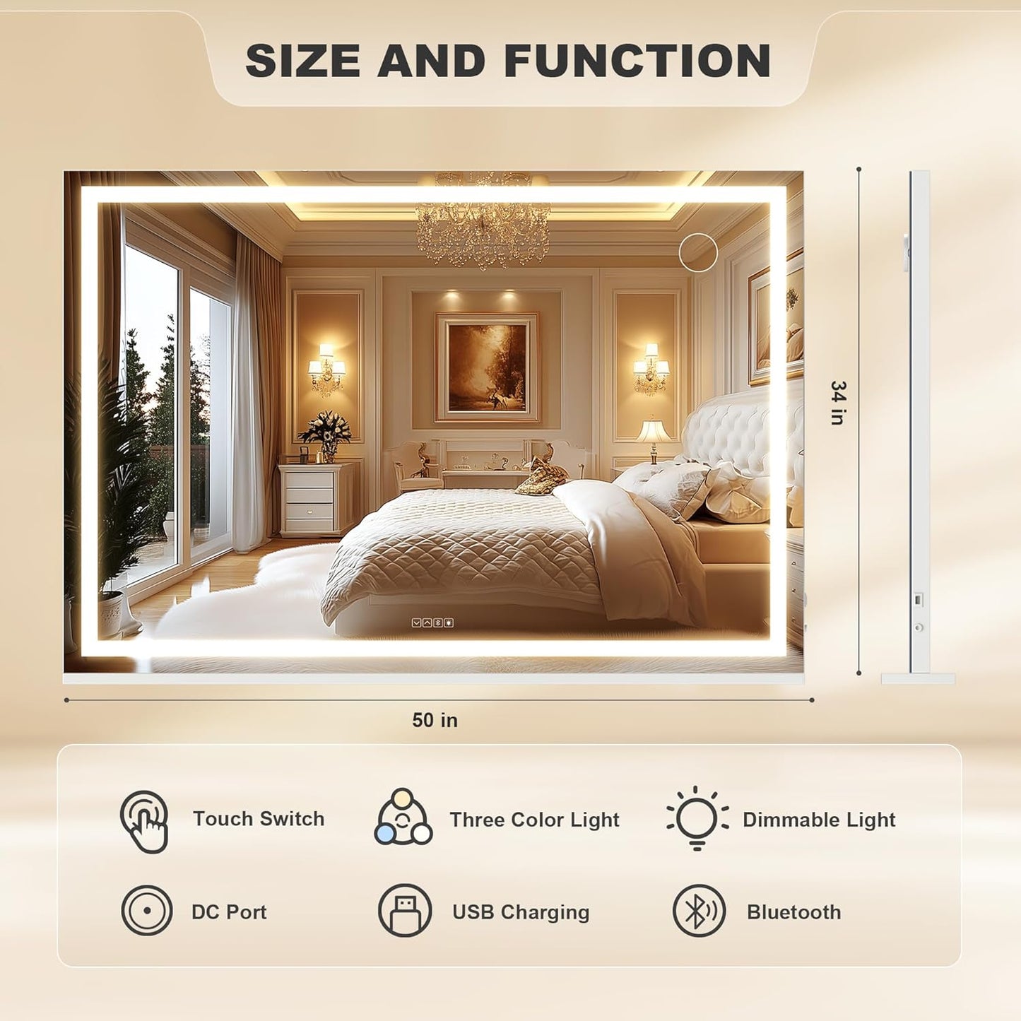 Hasipu Vanity Mirror with Lights and Bluetooth Speaker, 50" x 33.9" LED Makeup Mirror, Lighted Makeup Mirror with Dimmable 3 Modes, Touch Screen Control Vanity Mirror Square White