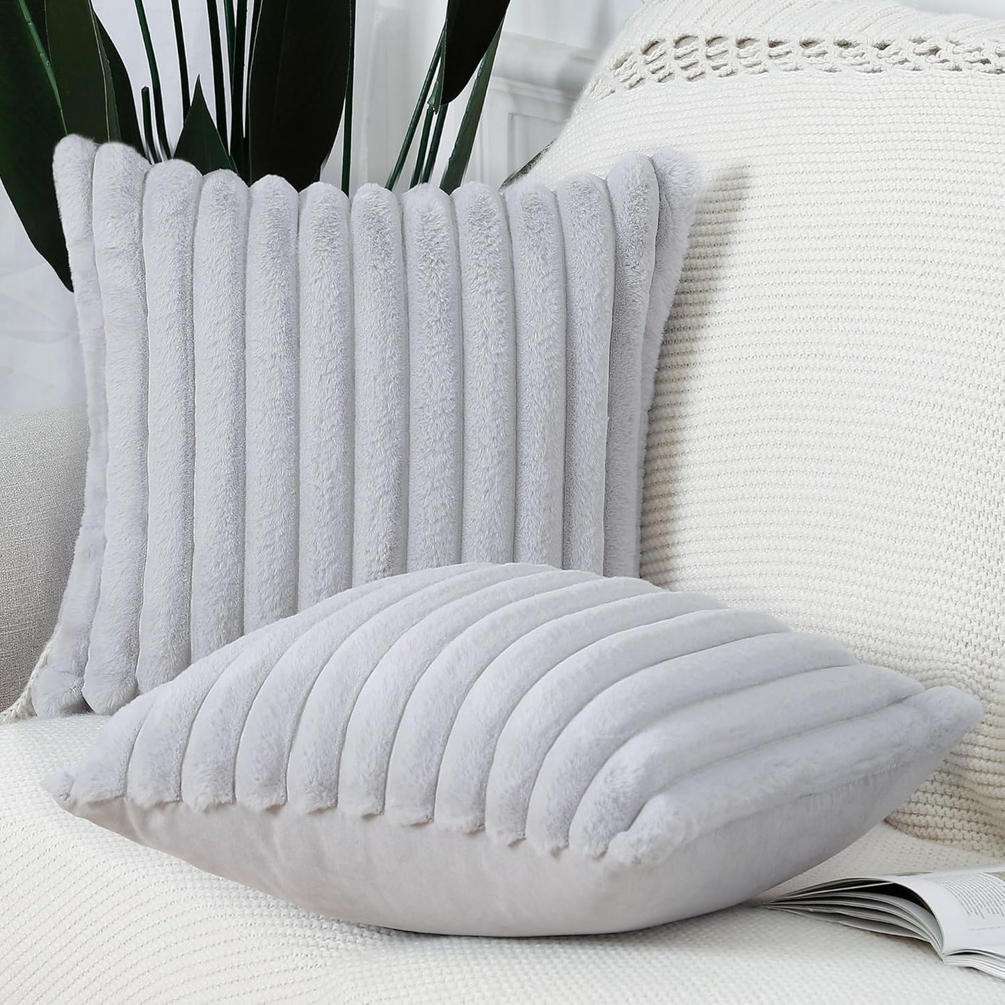 MADIZZ Set of 2 Faux Wool Plush Decorative Throw Pillow Covers 24x24 Inch Light Grey Fluffy Striped Soft Decorative Cushion Cover for Sofa Bedroom Pillow Shell