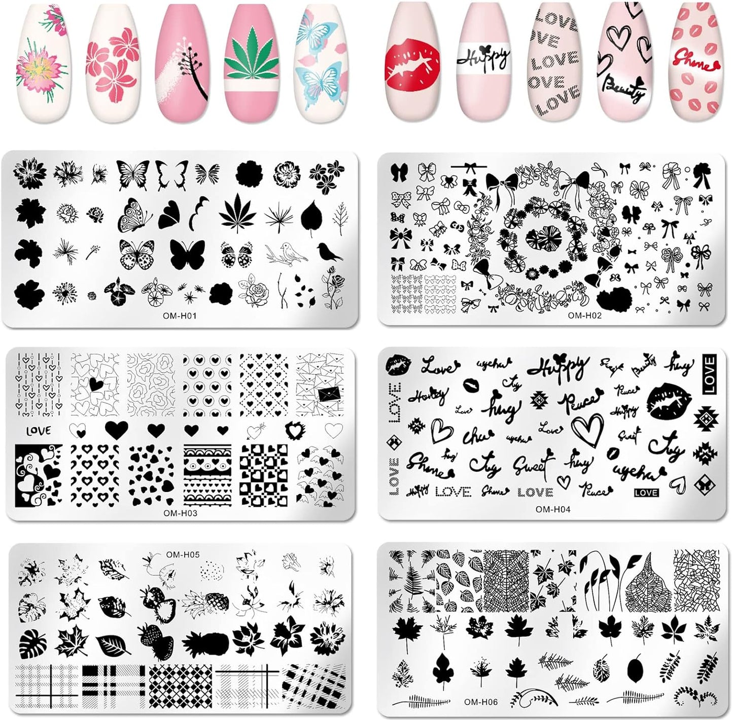 6pcs Nail Art Stamping Plates Set Manicuring Accessories Butterfly Leaves Flowers Fruits Geometry Heart Love Image Template for DIY Tips Decoration