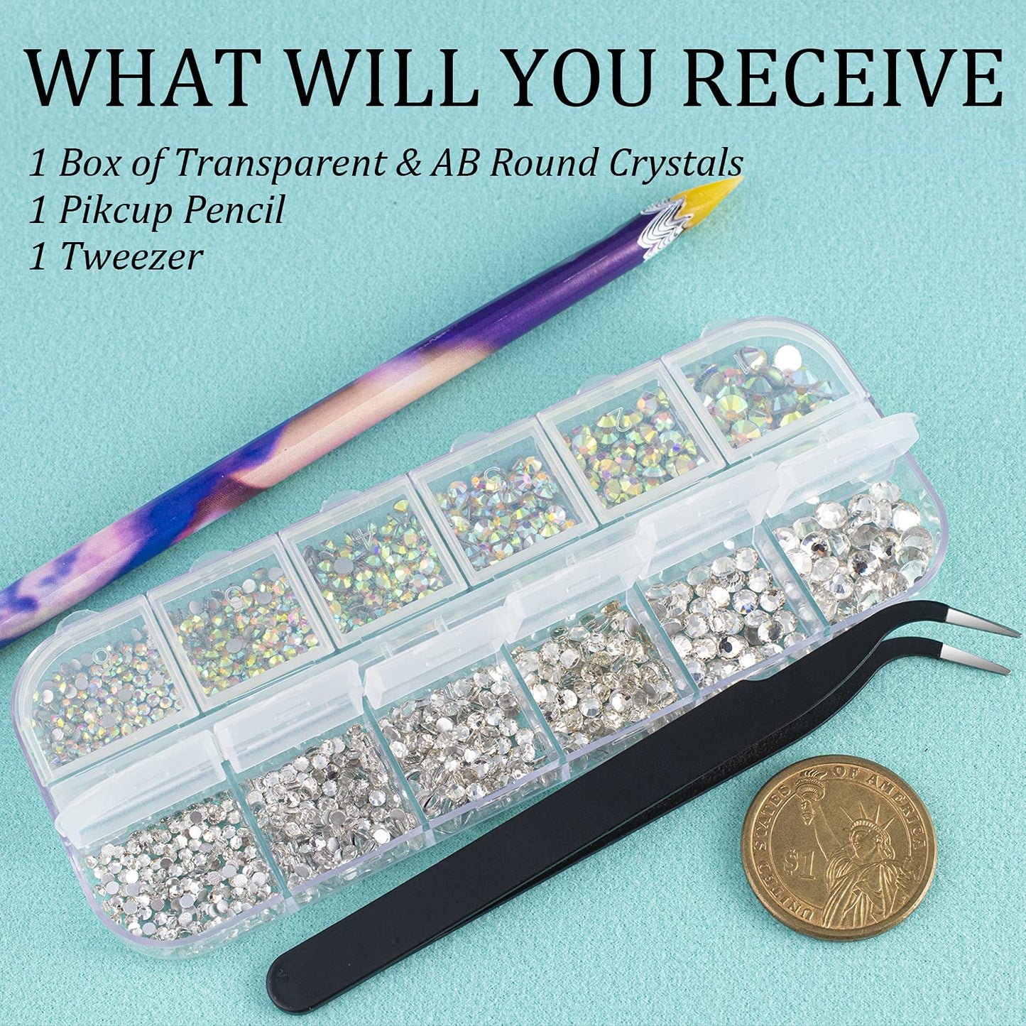6 Sizes Transparent and AB Glass Crystal Kit with Pickup Pen + Tweezer Tools for Iridescent Shine Nail Art Manicure Makeup DIY Decoration Flatback Round Rhinestone Gem Jewelry Diamond