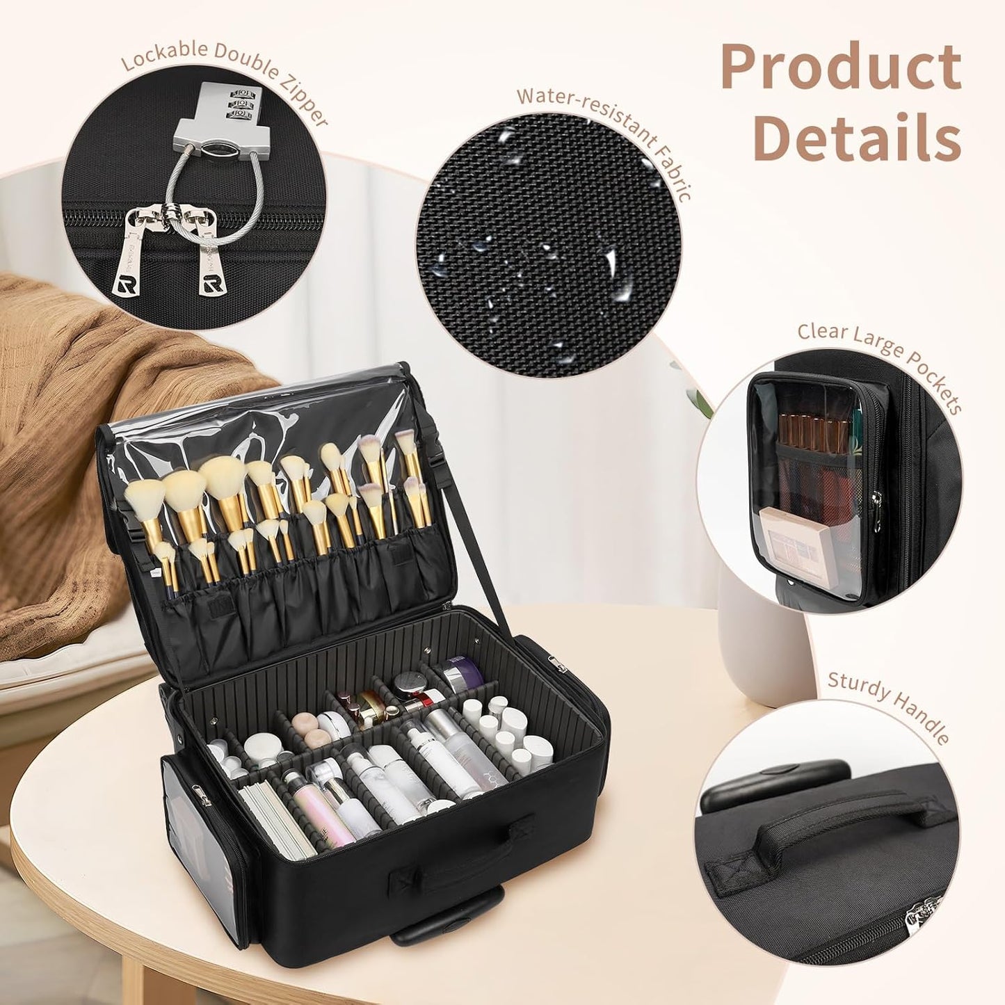 Professional Rolling Makeup Case Extra Large Travel Cosmetic Trolley with Removable Pouches &amp; 360° Wheels