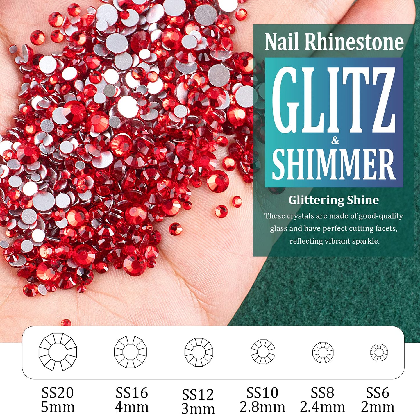 3440PCS 6 Sizes Red Glass Crystal Kit with Pickup Pen + Tweezer Tools for Iridescent Shine Nail Art Manicure Makeup DIY Deco Flatback Round Bead Rhinestone Gem Jewelry Diamond