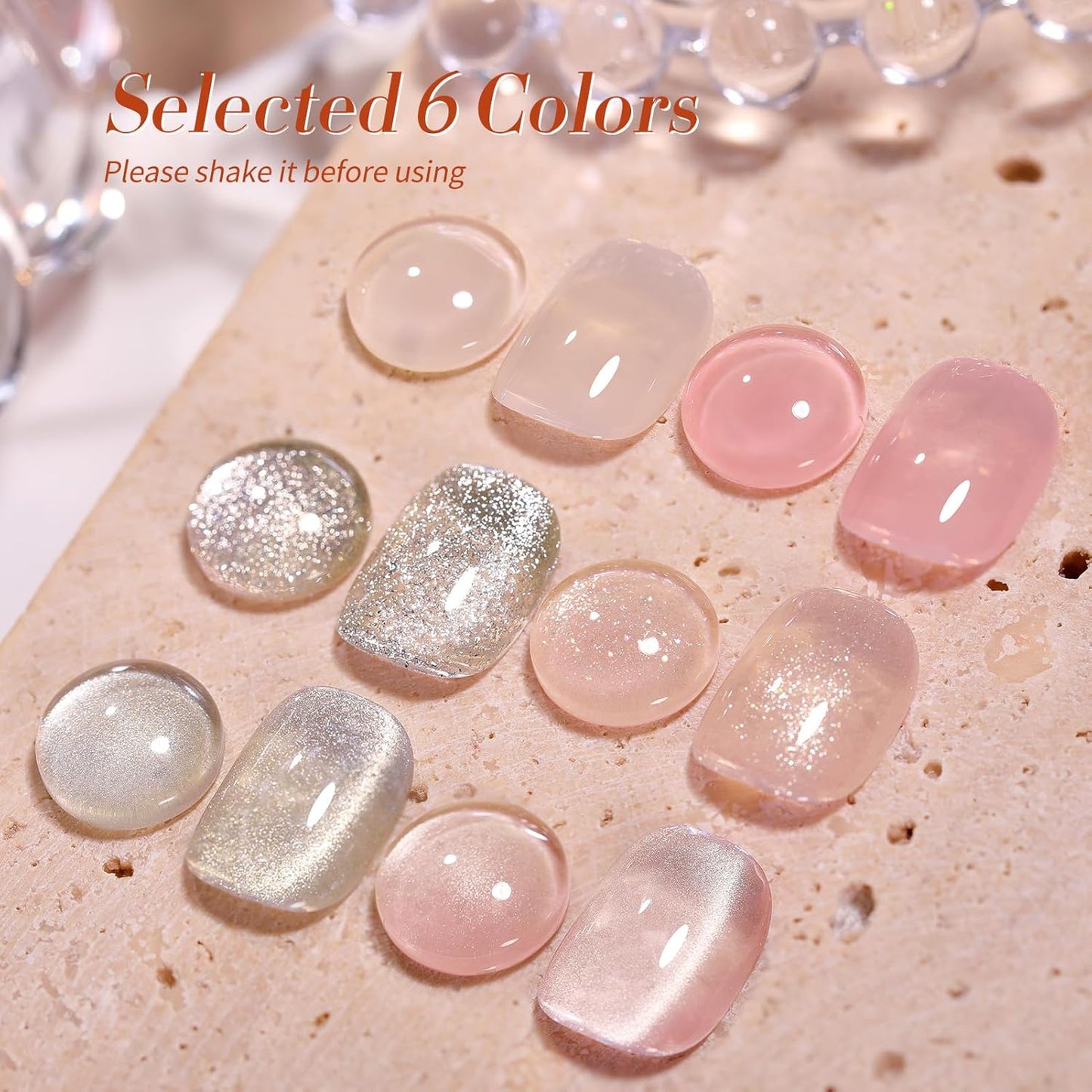 Born Pretty Gel Nail Polish Nude Pink Series,Jelly Transparent,Cat Magnetic Eye,Shimmer Glitter Holographic Nude Pink Gel Polish Kit for Salon Manicure and Nail Art DIY at Home 6Colors