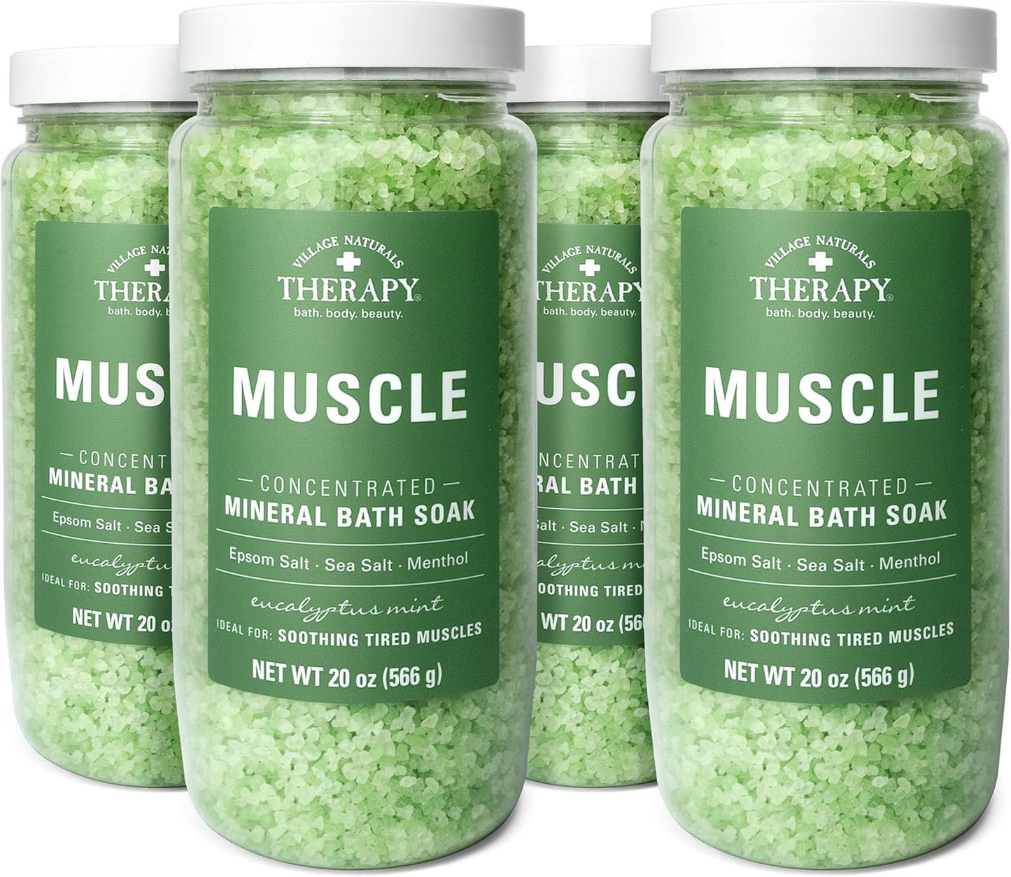 Village Naturals Therapy, Muscle Concentrated Mineral Bath Soak, Eucalyptus Mint Scent, 20 oz, Pack of 4