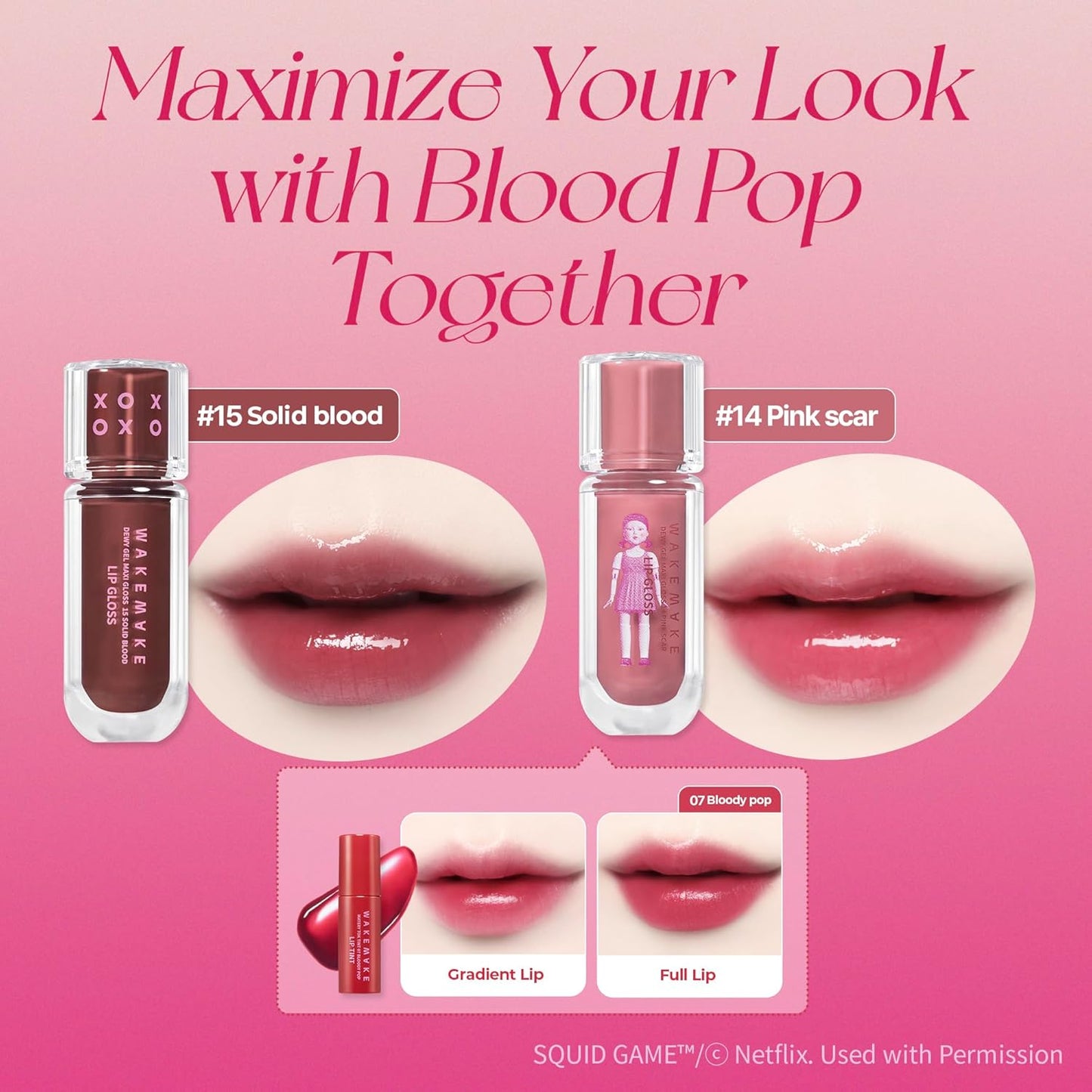 WM X NETFLIX SQUID GAME Dewy Gel Maxi Gloss 15 Solid Blood Set (+Watery Tok Tint Mini 7 Bloody Pop), lips, korean lip