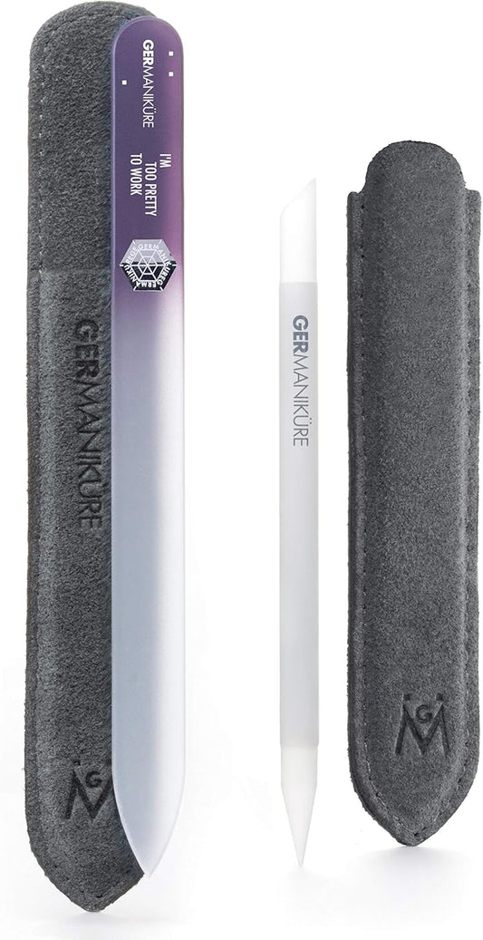 GERMANIKURE 2 Pc Glass Bundle - Crystal Glass Cuticle Stick & I'm Too Pretty to Work Nail File in Suede Sleeves – Handmade in Czech Republic – Pro Manicure Supplies – Cuticle Pusher, Callous Remover