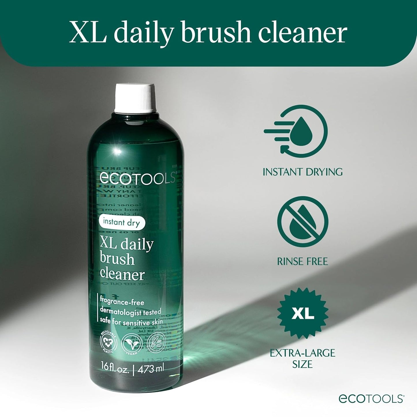 EcoTools XL Daily Brush Cleaner, Makeup Brush Spray Refill, Quick Dry Cleaning Solution For Beauty Tools, Fragrance Free, Extra Large Size, Cruelty-Free & Vegan, 16 fl oz./473 ml. Bottle