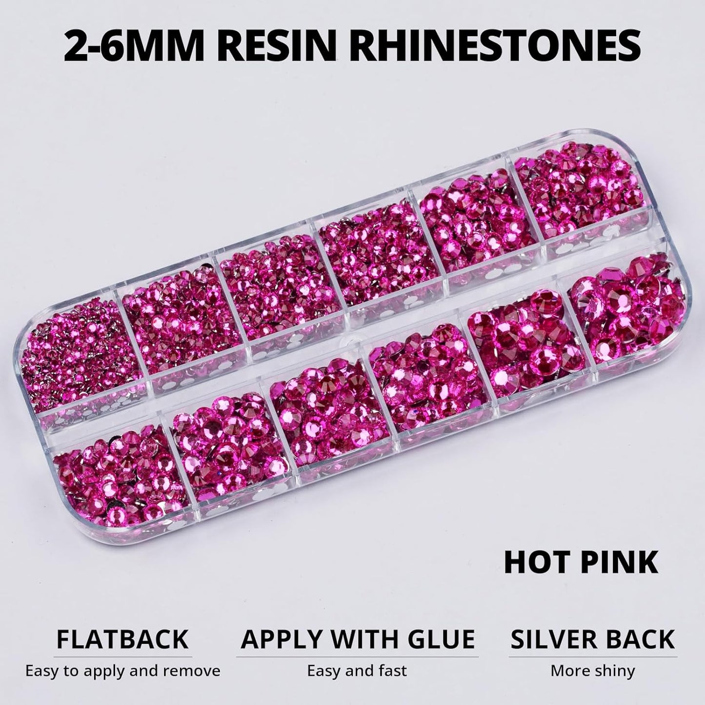 6000Pcs Hot Pink Rhinestones Set for Crafting Bedazzling with b7000 Glue, Shiny Resin Flatback Jewel for Crafts Clothing Tumblers Fabric Tumblers Cups Bows, Flat Back Gems Diamond Many Sizes