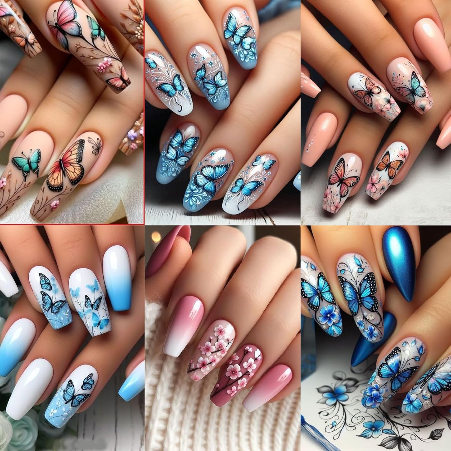 8 Sheets Spring Butterfly Nail Stickers Peach Blossom Nail Art Stickers 3D Self-Adhesive Nail Decals Colorful French Butterfly Petals Leaves Nail Design for Women Girls Spring Summer Nail Decoration