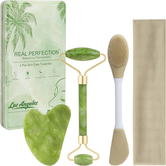 Real Perfection Gua Sha Facial Tools Face Roller for Wrinkles Jade Roller and Gua Sha Set, Scrubber Pore Brush Headband Skin Care Tools for Travel Skincare Routine Massaging Reducing Puffiness - Green