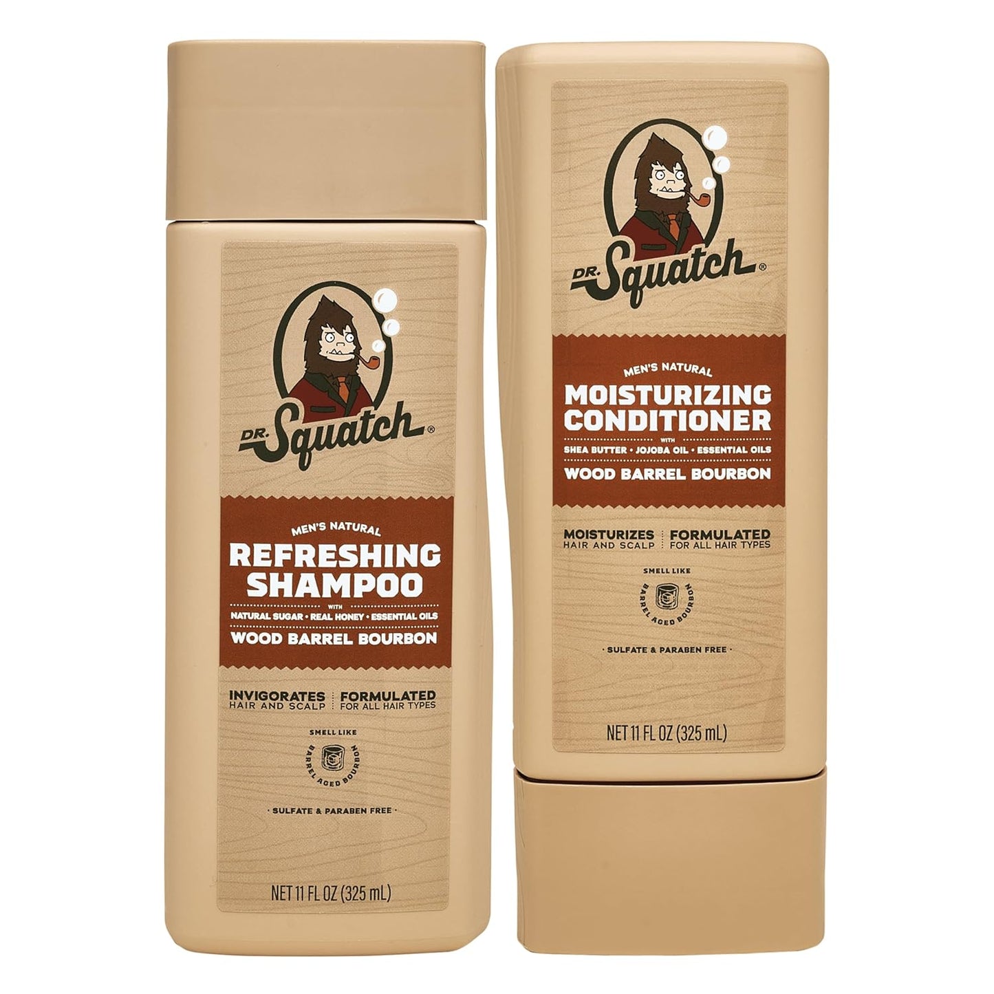 Dr. Squatch Natural Hair Bundle for Men - Healthy, Full Looking Hair - Wood Barrel Bourbon Shampoo (11 fl oz), Wood Barrel Bourbon Conditioner (11 fl oz)