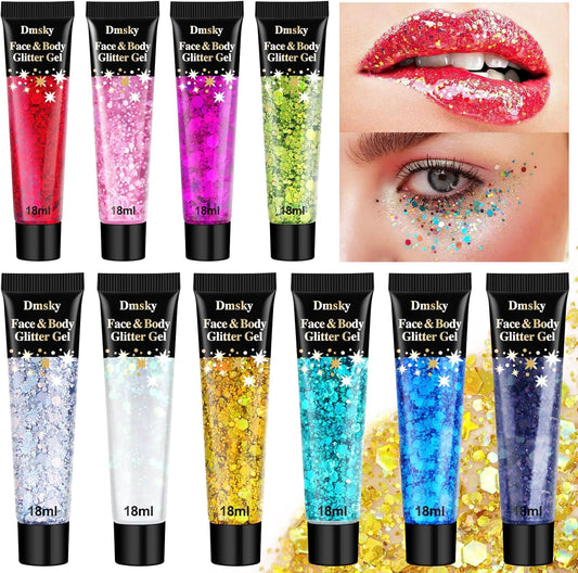 10 Colors Body Glitter,Face Glitter Makeup for Kids Women,Sparkly Chunky Hair Glitter for Eye Lip Hair Nails,Mardi Gras Glitter Makeup Face Paint,Singer Concerts Disco Rave Festival Accessories