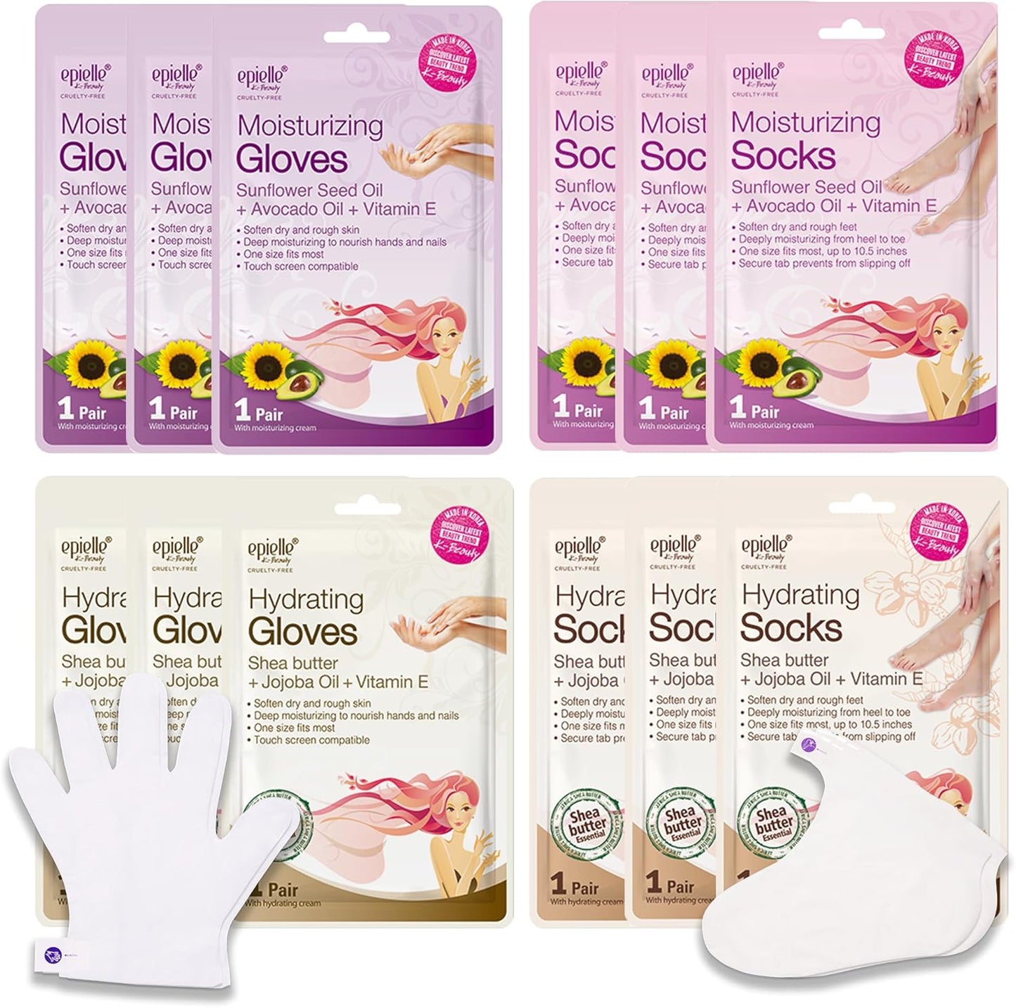 Epielle Hydrating & Moisturizing Hand & Foot Masks 12 Pairs, Relieve and Soften Dry Hands & Cracked Heels with Shea Butter & Sunflower Seed Oil, Korean Skin Care, Spa Set, Self Care Gifts for Women