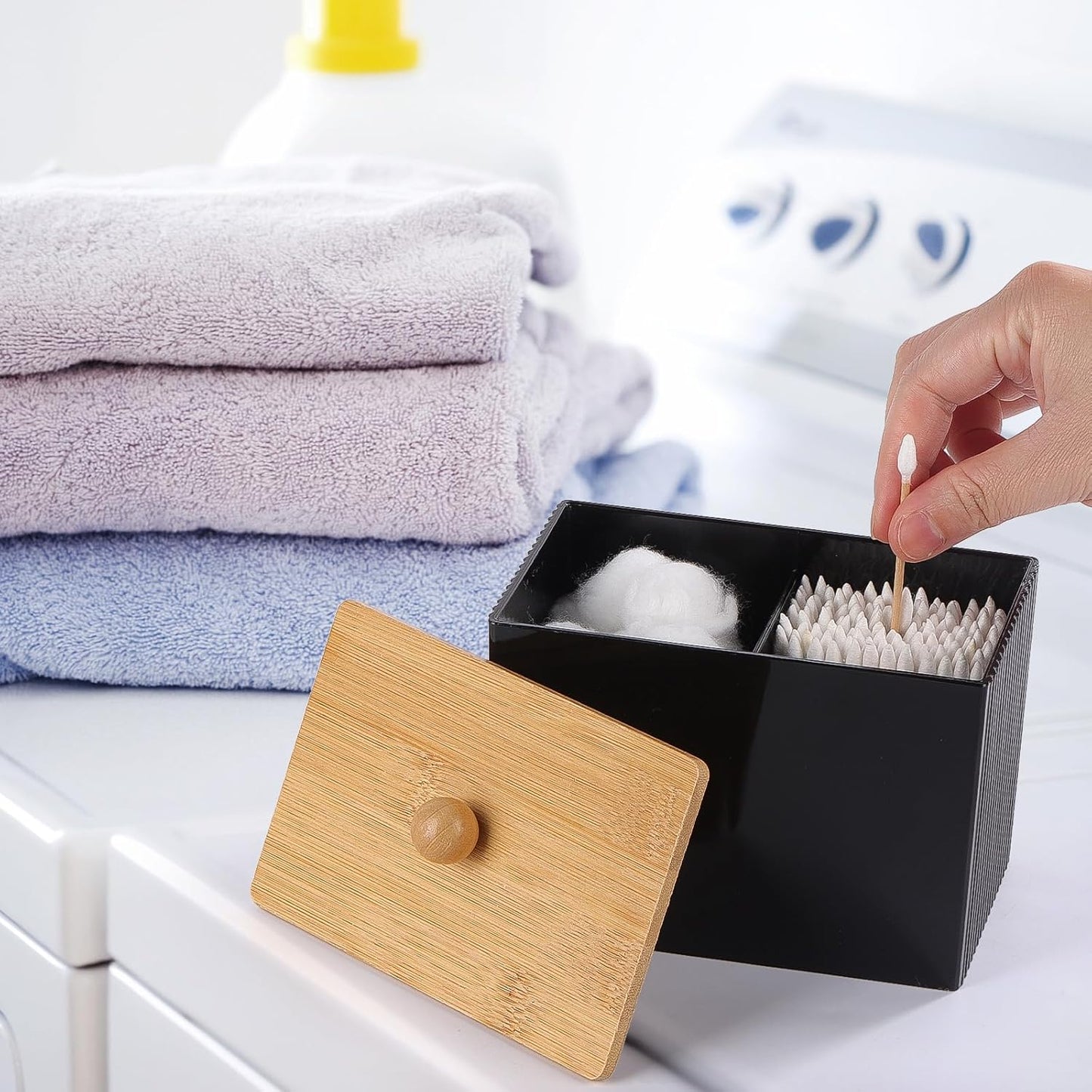 Ohlove Qtip Holder with Bamboo Lids, 3 Compartments Cotton Ball/Swabs Dispenser, Apothecary Jar Plastic Container for Storage and Organizer (Black)