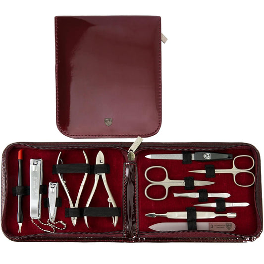 3 Swords Germany - brand quality 12 piece manicure pedicure grooming kit set for professional finger & toe nail care with burgundy synthetic leather case - Made in Germany