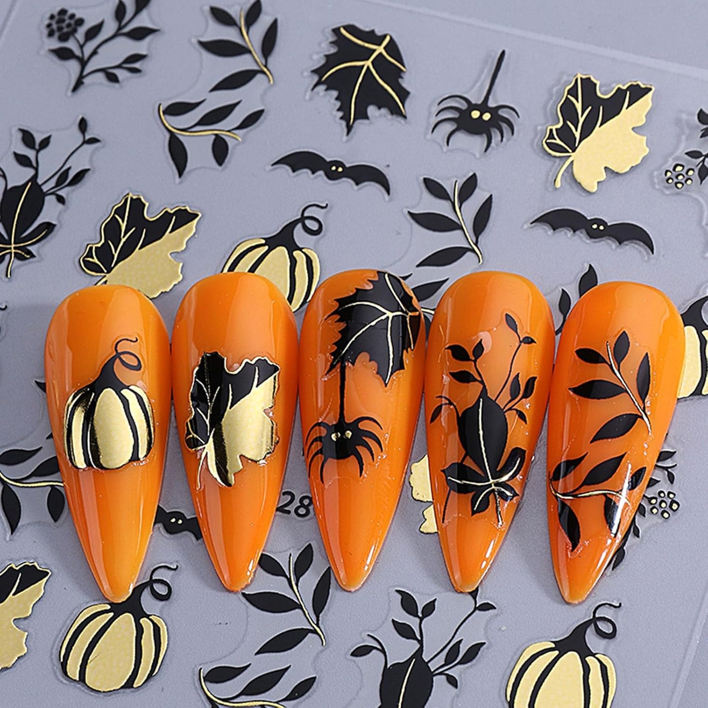 4 Sheets Halloween Nail Stickers Gold Silver Black Nail Art Stickers Pumpkin Maple Leaves Self Adhesive Nail Decals Spider Web Bat Ghost Leaves Design Nail Art Sticker Decoration for Women Girls