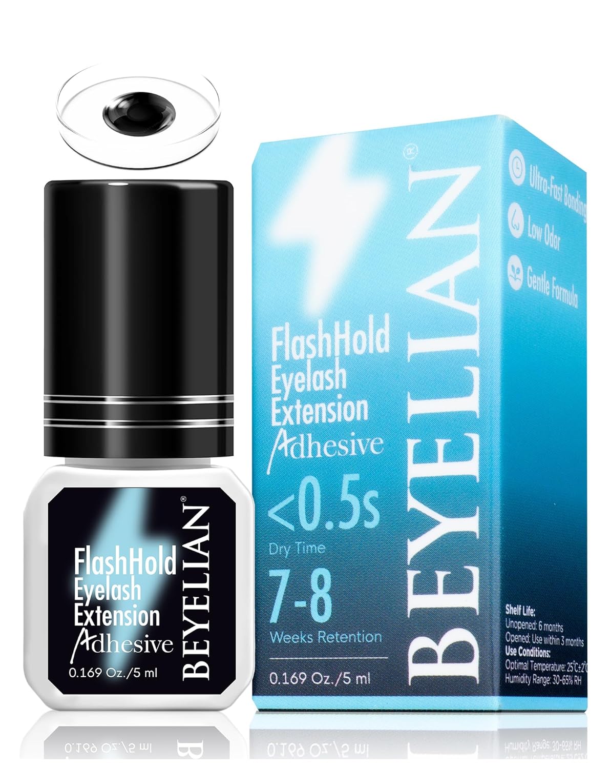 BEYELIAN Sensitive Eyelash Extension Glue 0.17fl.oz/5ml / 0.5Sec Drying Time/Retention – 7-8 Weeks/Black Adhesive/Professional Hypoallergenic Formaldehyde-Free Lash Extension Glue Supplies