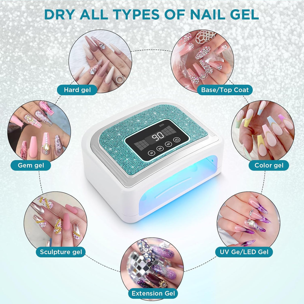 Cordless Nail Lamp, Rechargeable UV Nail Lamp for Gel Nails, LED Nail Lamp with 4 Timer Modes, Gel Nail Light Decorate with Sparkling Nail Rhinestones Diamond (Sparkly Blue Diamond)