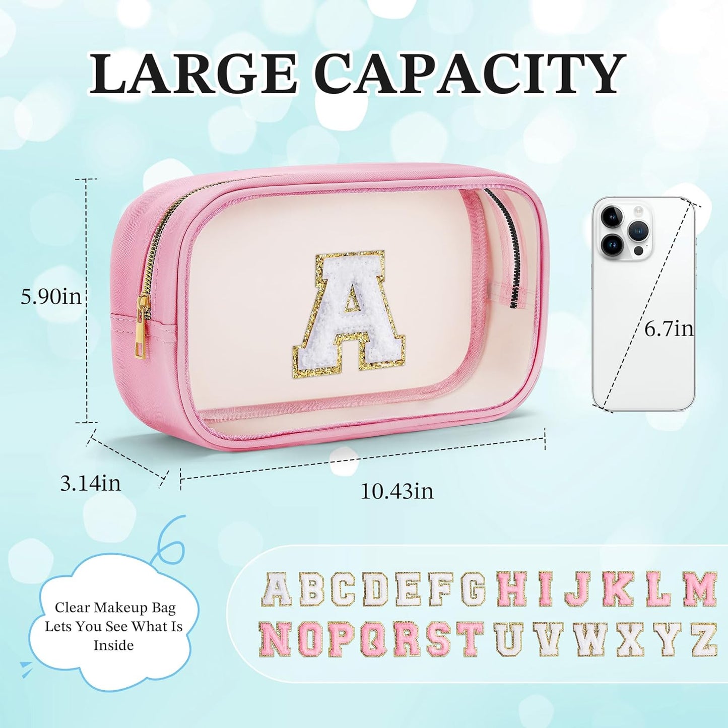YOOLIFE Graduation Teacher Gifts Initial Clear Makeup Bag Birthday Gift Travel Toiletry Preppy Cosmetic Bags Birthday Gift for Girls Kids Travel Essentials Clear Toiletry Bag A