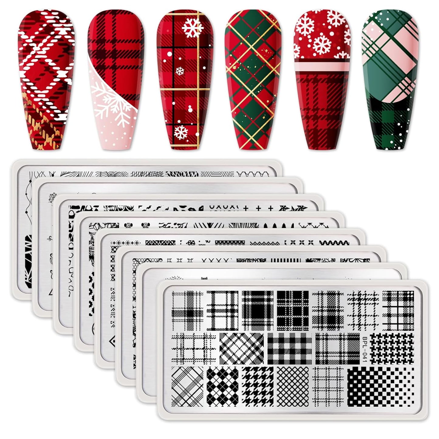 Born Pretty Nail Stamping Plates Set Plaid Flowers Leaves Lace Nail Art Image Plates Spring into Winter Stamp Templates Kit Image Manicuring DIY Printing Tools 8PCS