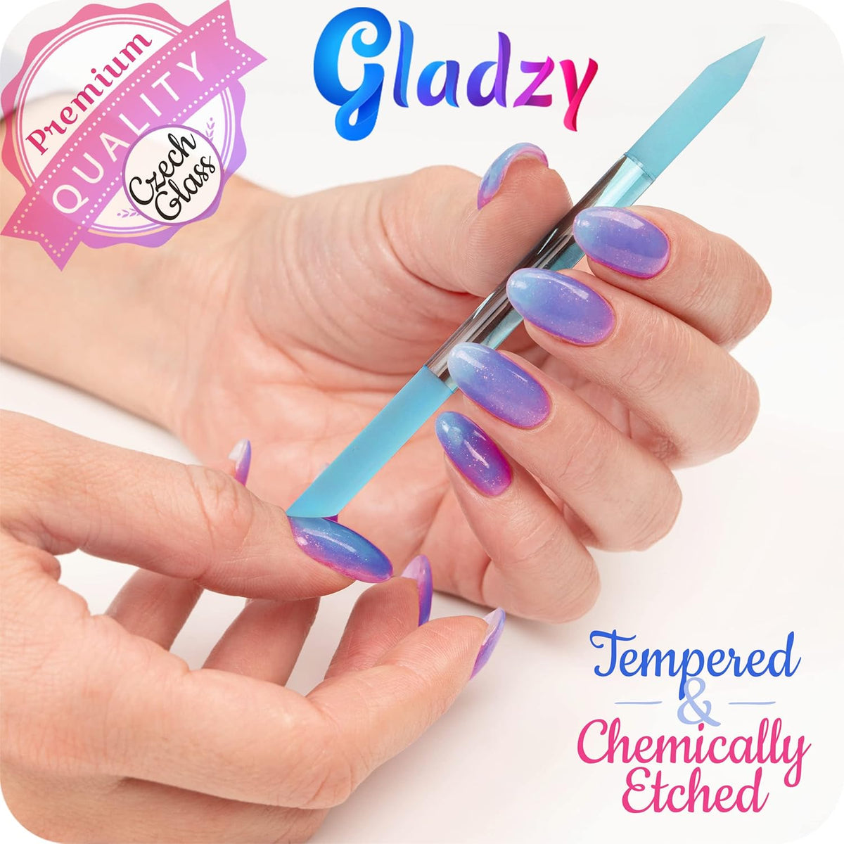 Glass Cuticle Pusher by GLADZY - Manicure Stick, Genuine Czech Quality, Professional Precision Filing Cuticle Remover, Abrasive Surface Never Wears Out - Blue